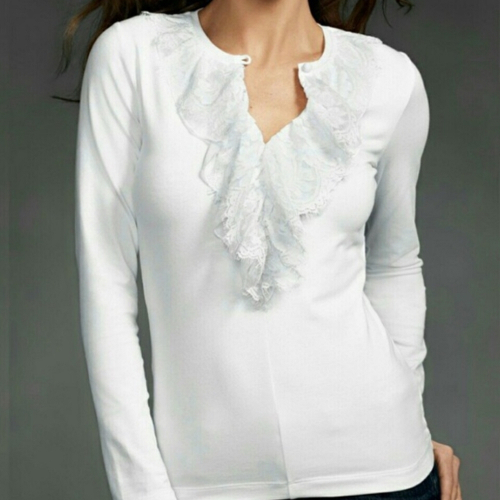 CAbi Ivory Long Sleeve Top with Lace Accent